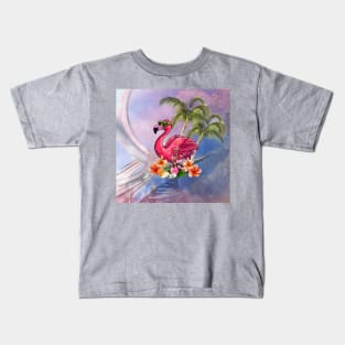 Funny flamingo with sunglasses and flowers Kids T-Shirt